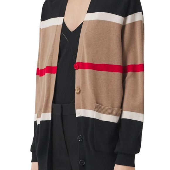 BURBERRY Tan Cashmere & Silk Striped Philippa Cardigan SzM - Picture 7 of 12